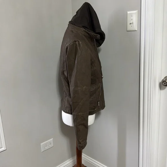 New Lock and Love Faux Leather Jacket Women Motorcycle Coat with Removable Hood - Picture 3 of 10